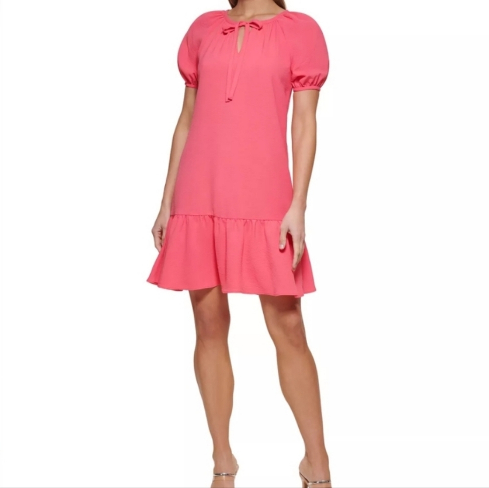DKNY Hot Pink Poplin Puffed Sleeves Drop Waist Flare Dress Size 16
